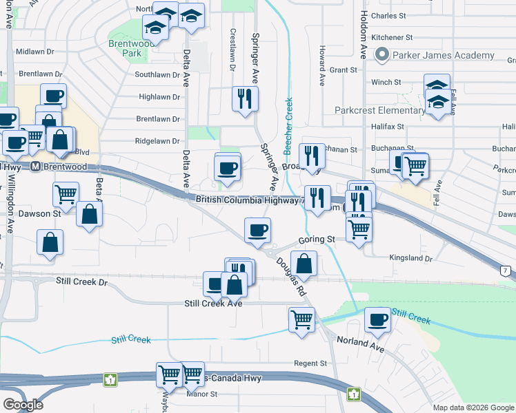 map of restaurants, bars, coffee shops, grocery stores, and more near in Burnaby