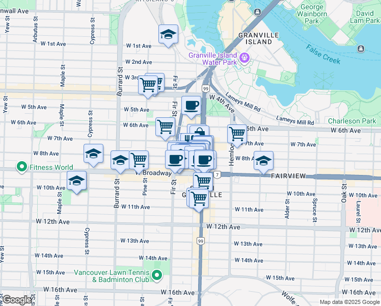 map of restaurants, bars, coffee shops, grocery stores, and more near 2447 Granville Street in Vancouver