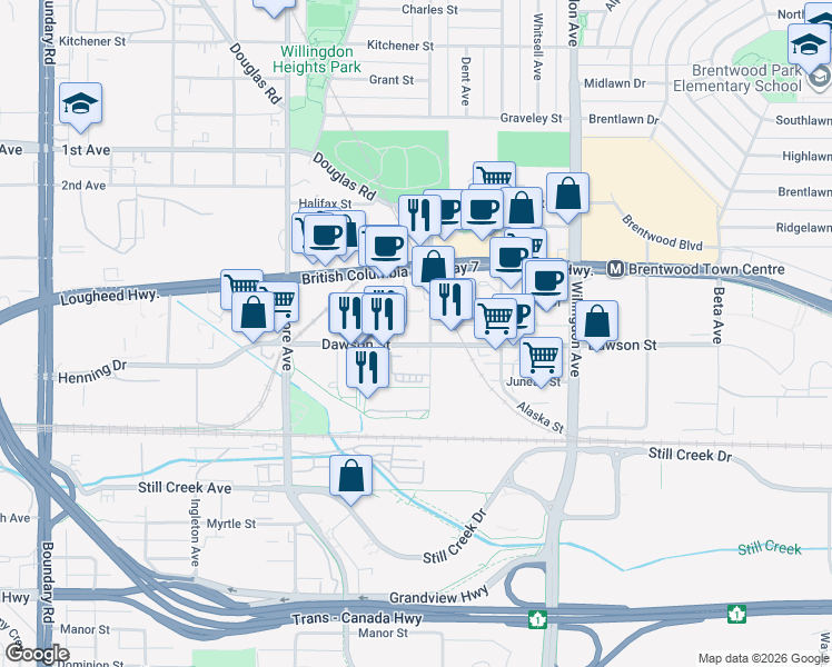 map of restaurants, bars, coffee shops, grocery stores, and more near in Burnaby