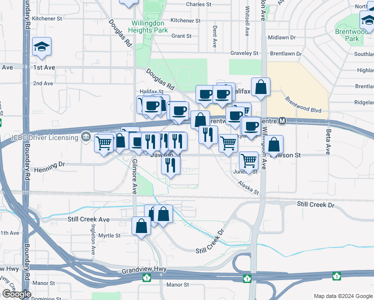 map of restaurants, bars, coffee shops, grocery stores, and more near 4279 Dawson Street in Burnaby