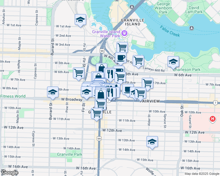 map of restaurants, bars, coffee shops, grocery stores, and more near 1443 West 8th Avenue in Vancouver