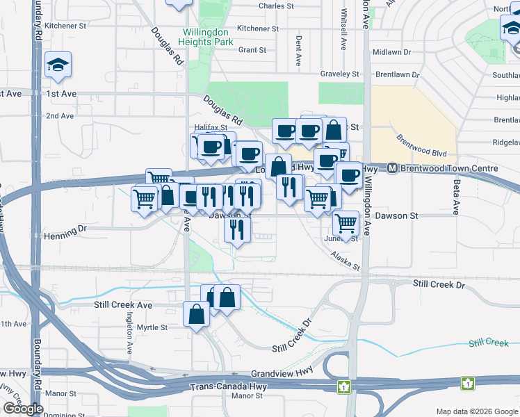 map of restaurants, bars, coffee shops, grocery stores, and more near 4279 Dawson Street in Burnaby
