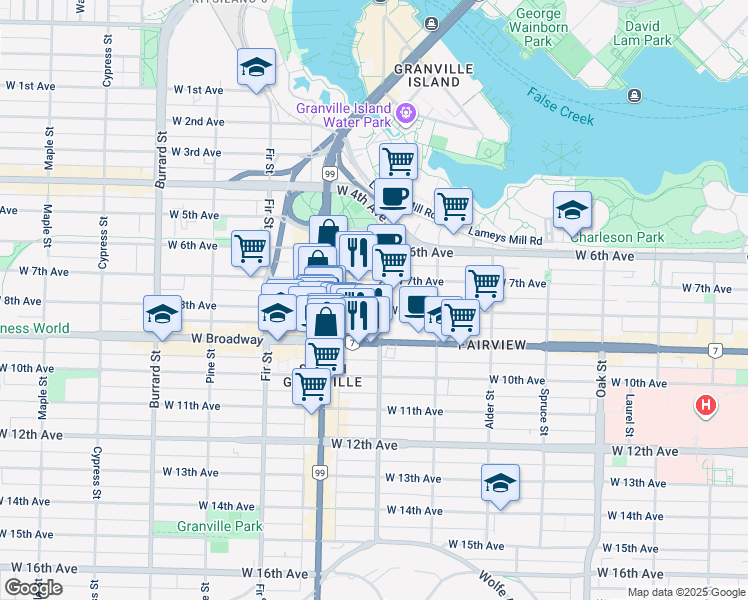 map of restaurants, bars, coffee shops, grocery stores, and more near 1443 West 8th Avenue in Vancouver