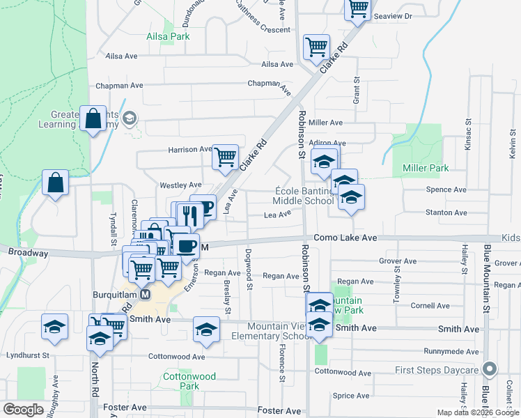 map of restaurants, bars, coffee shops, grocery stores, and more near 701 Lea Avenue in Coquitlam