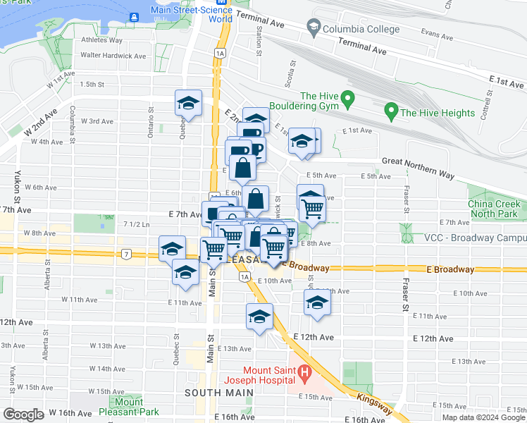 map of restaurants, bars, coffee shops, grocery stores, and more near 329 East 7th Avenue in Vancouver