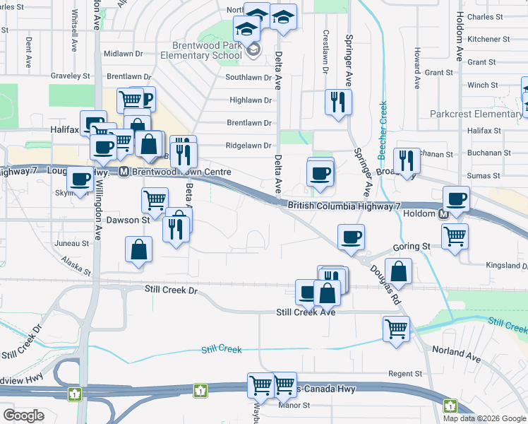 map of restaurants, bars, coffee shops, grocery stores, and more near 4890 Lougheed Highway in Burnaby