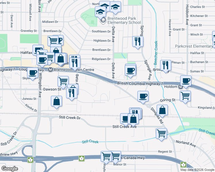 map of restaurants, bars, coffee shops, grocery stores, and more near 4890 Lougheed Highway in Burnaby
