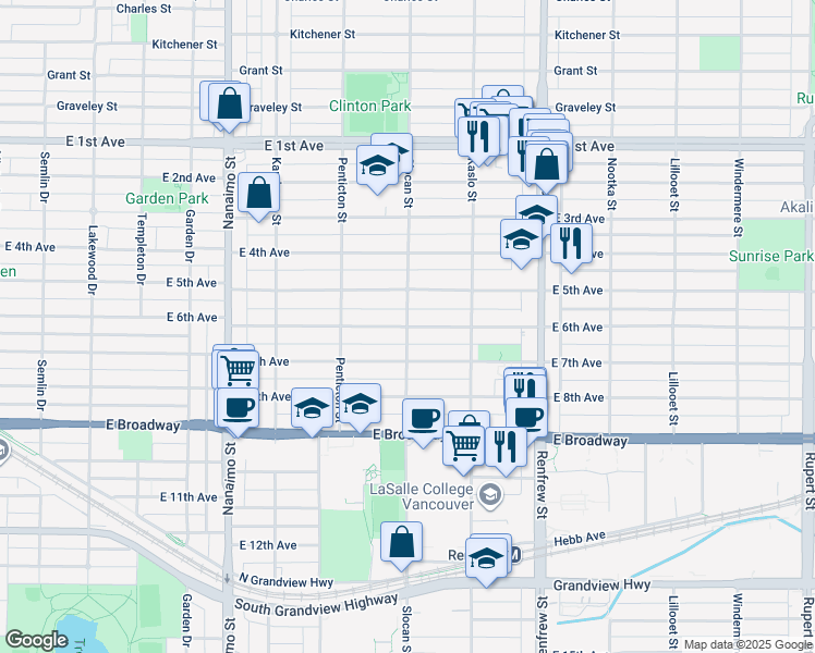 map of restaurants, bars, coffee shops, grocery stores, and more near  in Vancouver