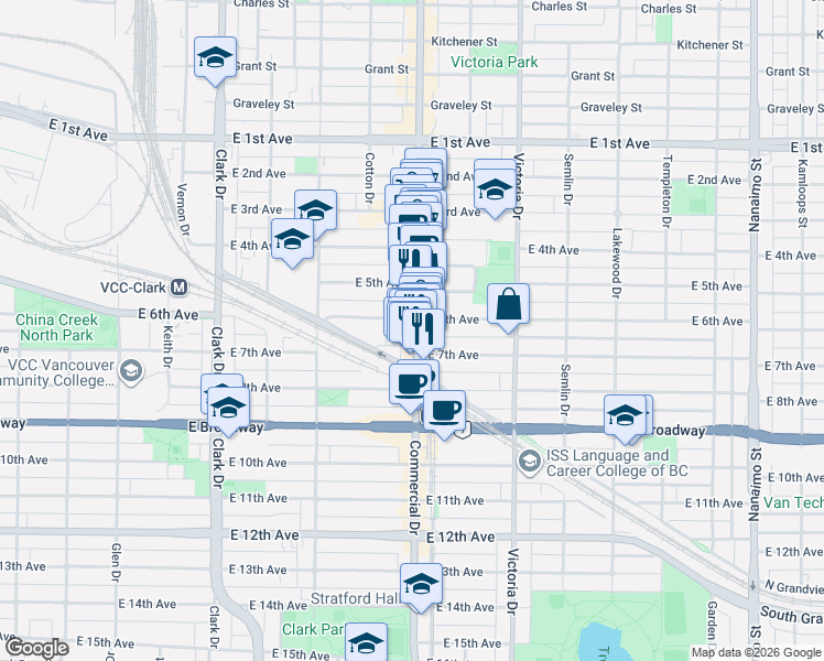 map of restaurants, bars, coffee shops, grocery stores, and more near 2211 Commercial Drive in Vancouver