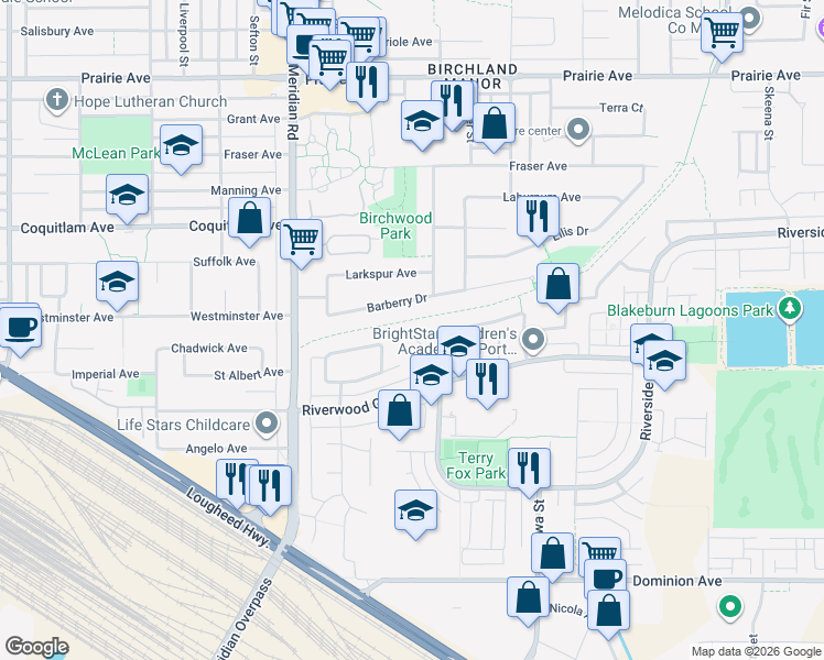 map of restaurants, bars, coffee shops, grocery stores, and more near 1331 Amazon Court in Port Coquitlam
