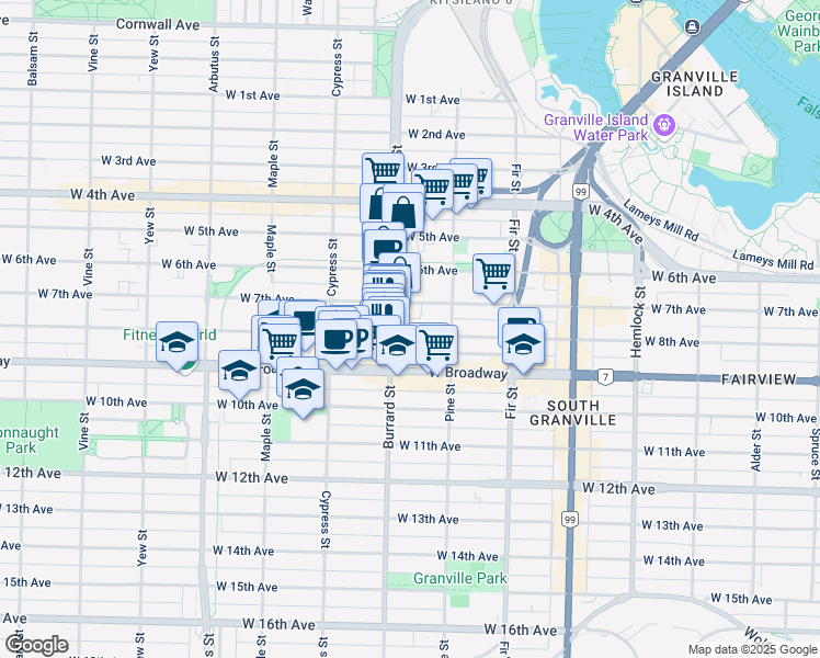 map of restaurants, bars, coffee shops, grocery stores, and more near in Vancouver
