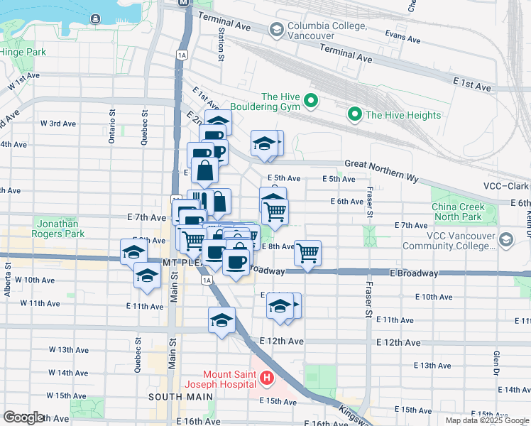 map of restaurants, bars, coffee shops, grocery stores, and more near in Vancouver