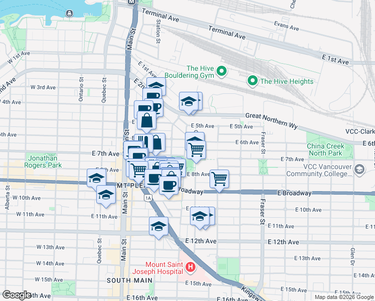 map of restaurants, bars, coffee shops, grocery stores, and more near 209 East 7th Avenue in Vancouver