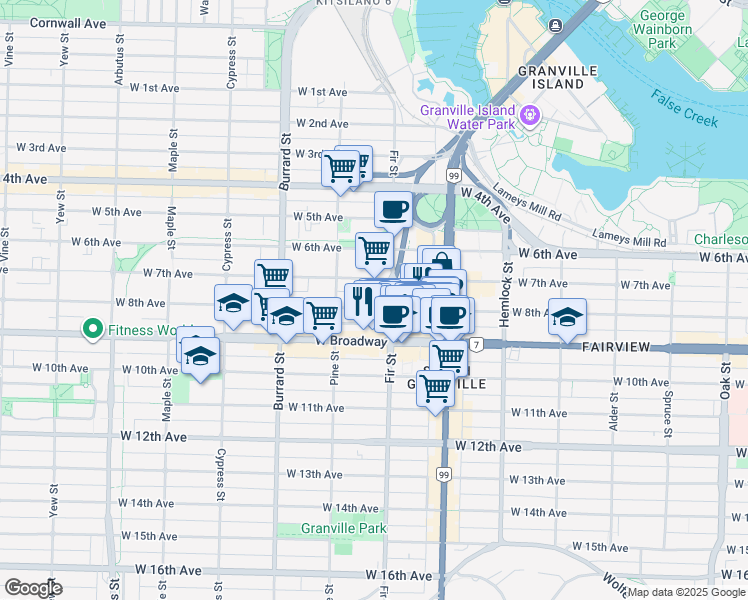 map of restaurants, bars, coffee shops, grocery stores, and more near in Vancouver