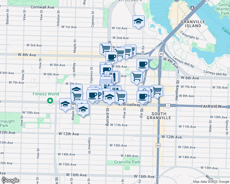 map of restaurants, bars, coffee shops, grocery stores, and more near in Vancouver