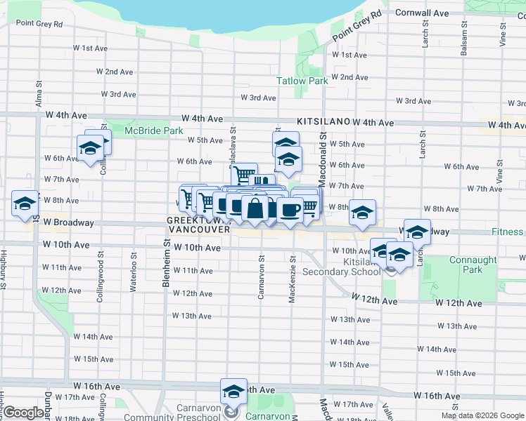map of restaurants, bars, coffee shops, grocery stores, and more near 2980 West 8th Avenue in Vancouver