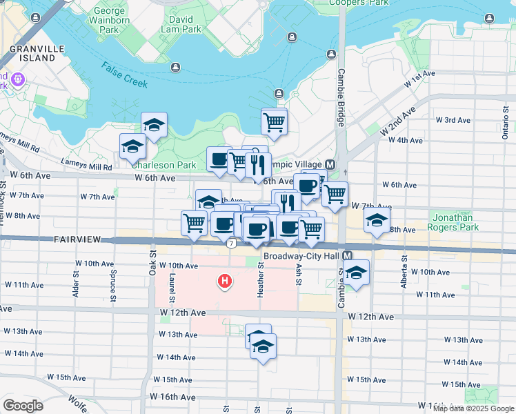 map of restaurants, bars, coffee shops, grocery stores, and more near 704 West 7th Avenue in Vancouver