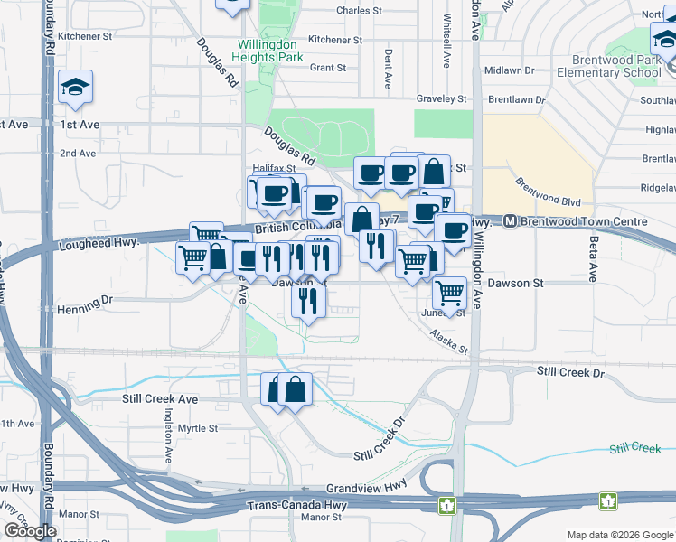 map of restaurants, bars, coffee shops, grocery stores, and more near 4285 Dawson Street in Burnaby