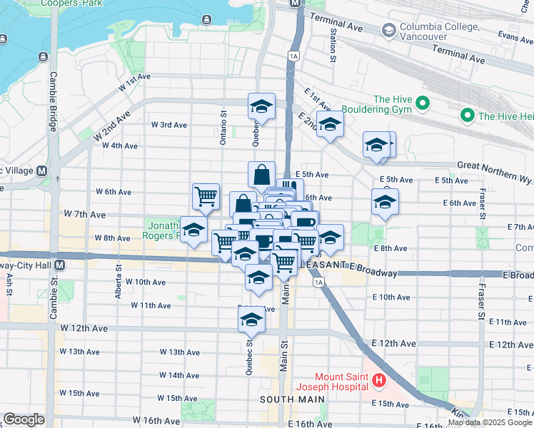 map of restaurants, bars, coffee shops, grocery stores, and more near in Vancouver