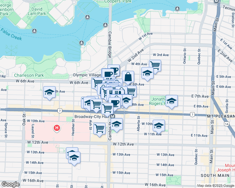 map of restaurants, bars, coffee shops, grocery stores, and more near West 7th Avenue in Vancouver