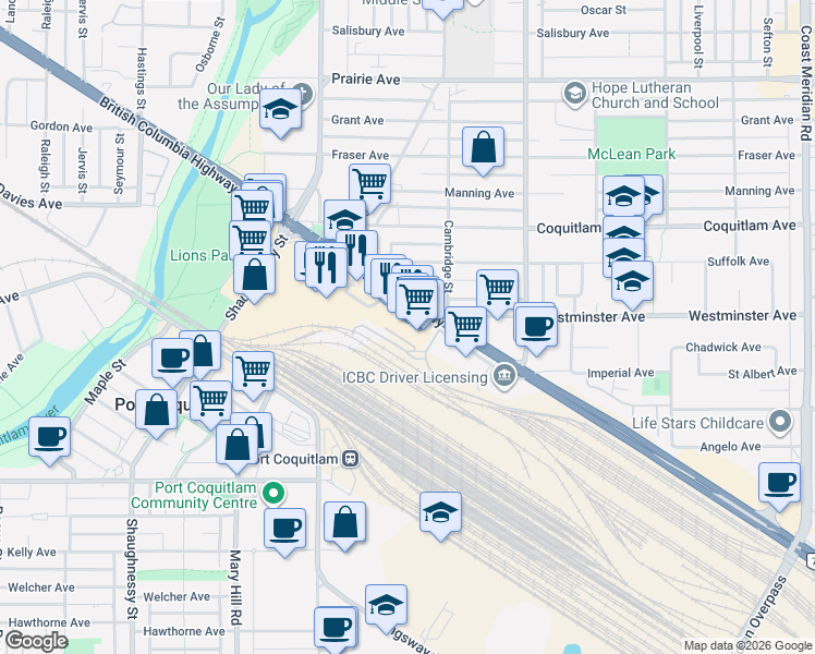 map of restaurants, bars, coffee shops, grocery stores, and more near 2020 Oxford Connector in Port Coquitlam