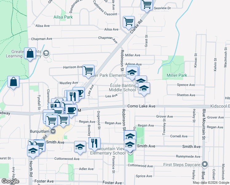 map of restaurants, bars, coffee shops, grocery stores, and more near 727 Lea Avenue in Coquitlam