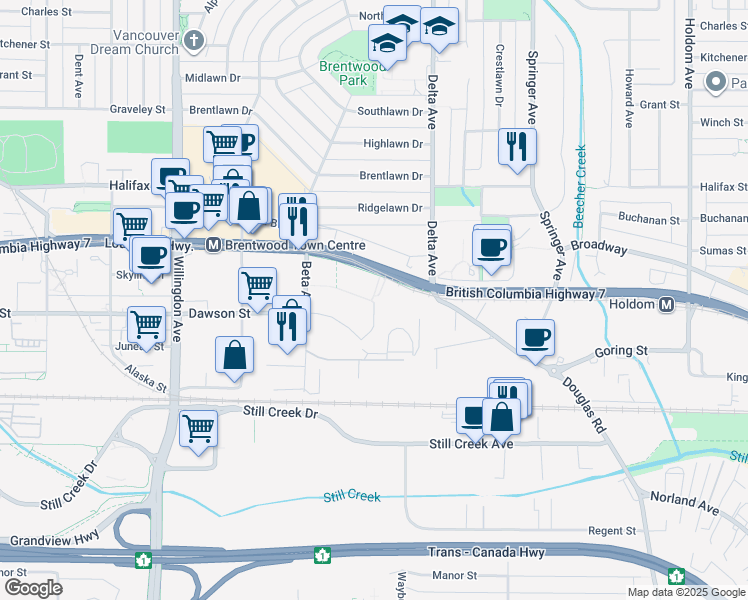 map of restaurants, bars, coffee shops, grocery stores, and more near 4720 Lougheed Highway in Burnaby