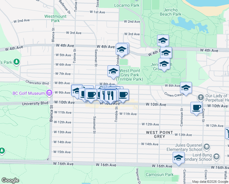 map of restaurants, bars, coffee shops, grocery stores, and more near 4405 West 9th Avenue in Vancouver