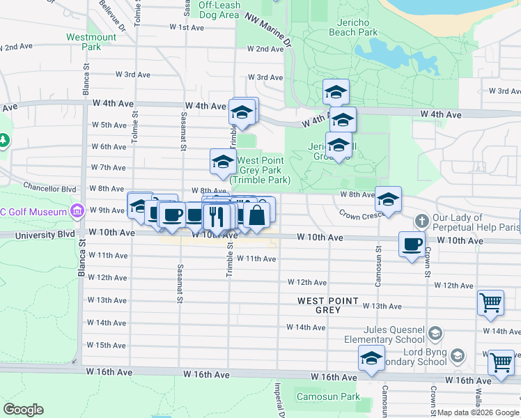 map of restaurants, bars, coffee shops, grocery stores, and more near 4339 West 9th Avenue in Vancouver