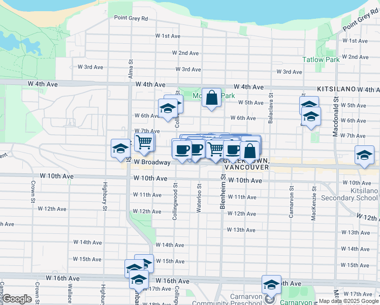 map of restaurants, bars, coffee shops, grocery stores, and more near 3430 West 8th Avenue in Vancouver