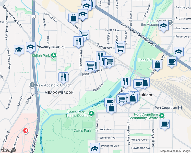 map of restaurants, bars, coffee shops, grocery stores, and more near 2650 Burleigh Avenue in Port Coquitlam
