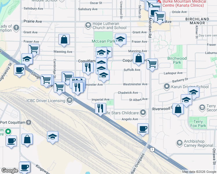 map of restaurants, bars, coffee shops, grocery stores, and more near 1730 Westminster Avenue in Port Coquitlam