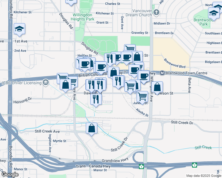 map of restaurants, bars, coffee shops, grocery stores, and more near 2181 Madison Avenue in Burnaby