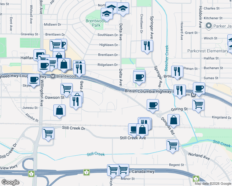 map of restaurants, bars, coffee shops, grocery stores, and more near 4890 Lougheed Highway in Burnaby