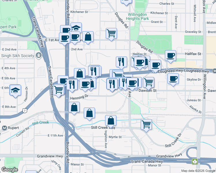 map of restaurants, bars, coffee shops, grocery stores, and more near 3989 Henning Drive in Burnaby