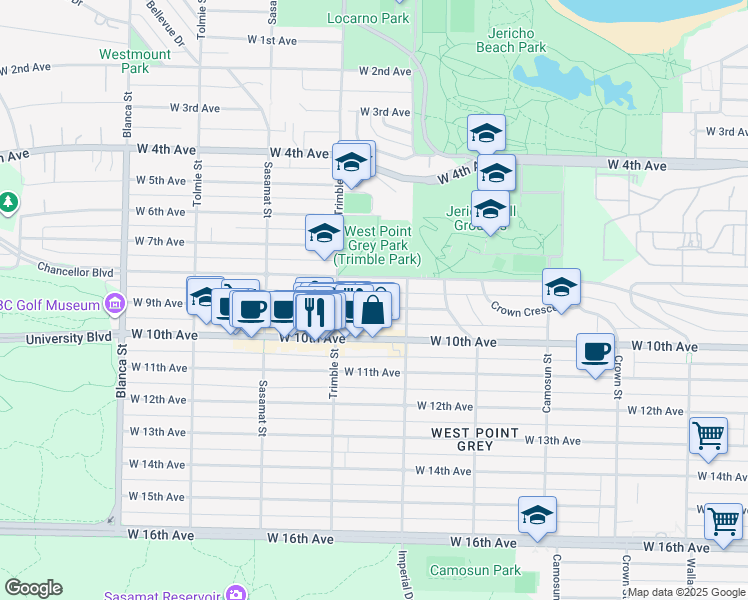 map of restaurants, bars, coffee shops, grocery stores, and more near 4347 West 9th Avenue in Vancouver