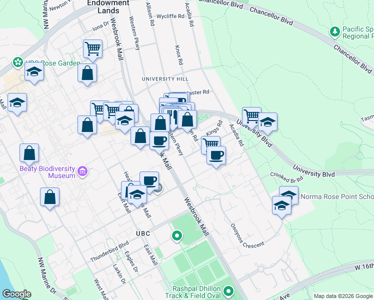 map of restaurants, bars, coffee shops, grocery stores, and more near 2233 Allison Road in Vancouver