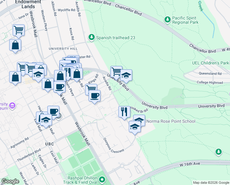 map of restaurants, bars, coffee shops, grocery stores, and more near 2500 Acadia Road in Vancouver
