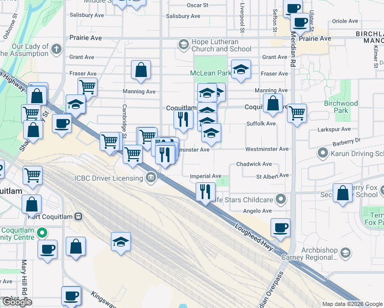 map of restaurants, bars, coffee shops, grocery stores, and more near 1790 Westminster Avenue in Port Coquitlam