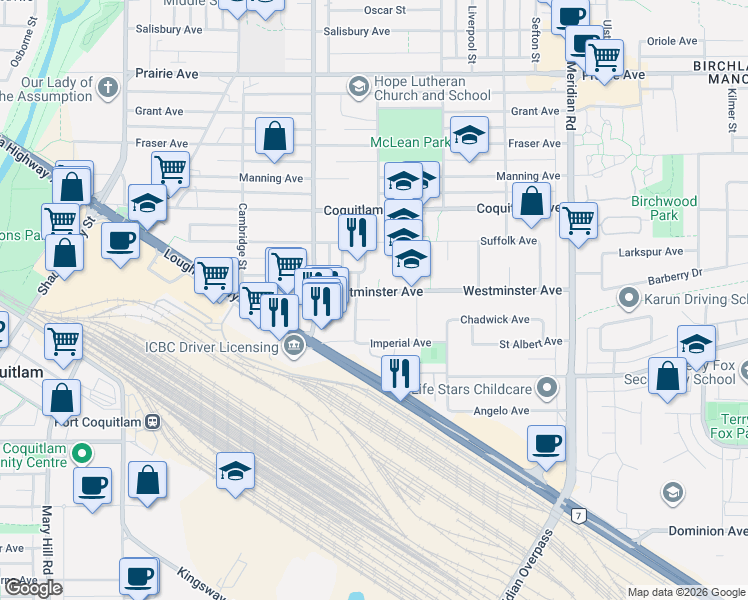 map of restaurants, bars, coffee shops, grocery stores, and more near 1790 Westminster Avenue in Port Coquitlam