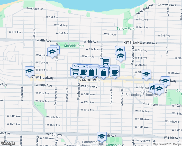 map of restaurants, bars, coffee shops, grocery stores, and more near 3192 West 8th Avenue in Vancouver