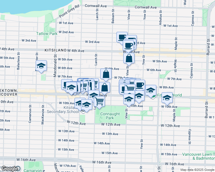 map of restaurants, bars, coffee shops, grocery stores, and more near 2420 West 8th Avenue in Vancouver
