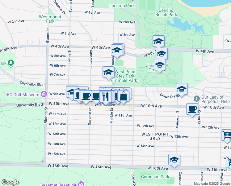map of restaurants, bars, coffee shops, grocery stores, and more near 4387 West 9th Avenue in Vancouver