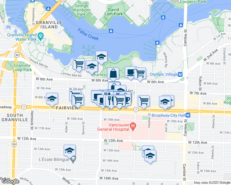 map of restaurants, bars, coffee shops, grocery stores, and more near 908 West 7th Avenue in Vancouver