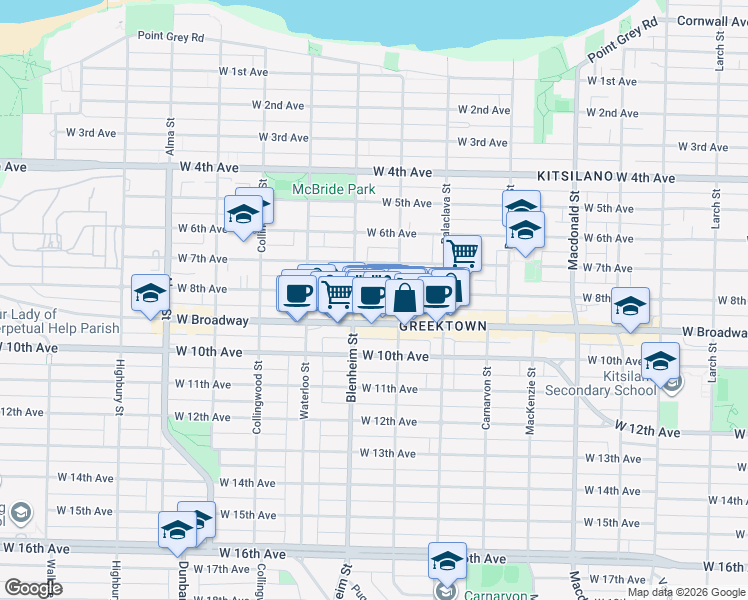 map of restaurants, bars, coffee shops, grocery stores, and more near 3260 West 8th Avenue in Vancouver