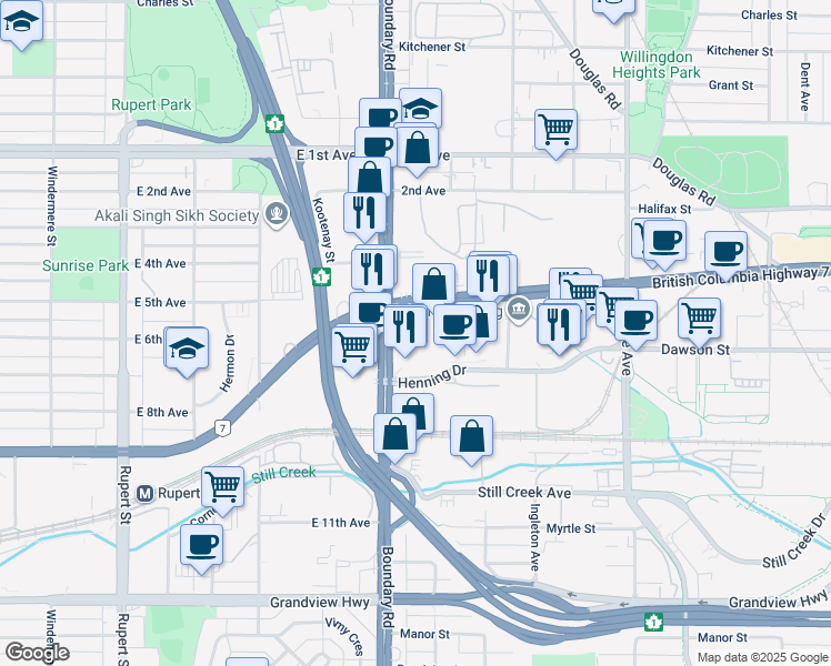 map of restaurants, bars, coffee shops, grocery stores, and more near 2250 Boundary Road in Burnaby