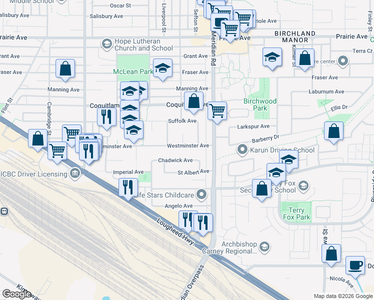 map of restaurants, bars, coffee shops, grocery stores, and more near 1590 Westminster Avenue in Port Coquitlam