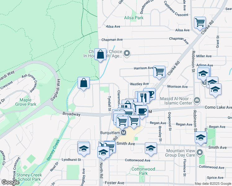 map of restaurants, bars, coffee shops, grocery stores, and more near 628 Claremont Street in Coquitlam