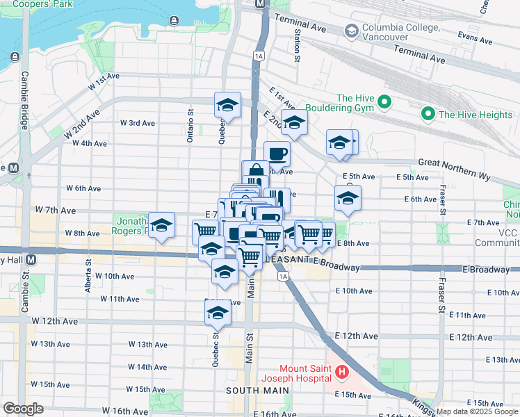 map of restaurants, bars, coffee shops, grocery stores, and more near 2345 Main Street in Vancouver