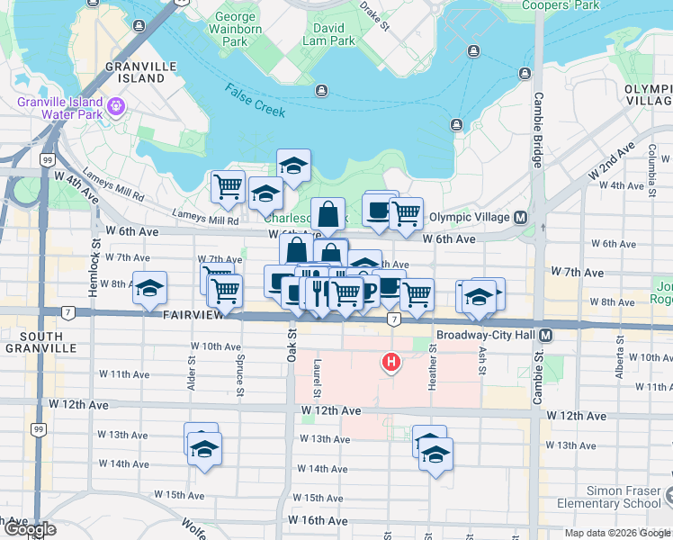 map of restaurants, bars, coffee shops, grocery stores, and more near in Vancouver
